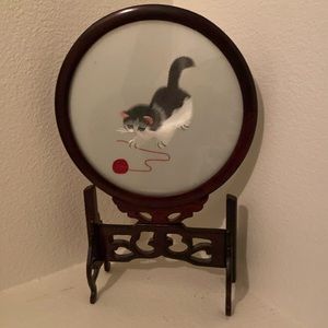 Vintage Chinese table screen with black and white cat